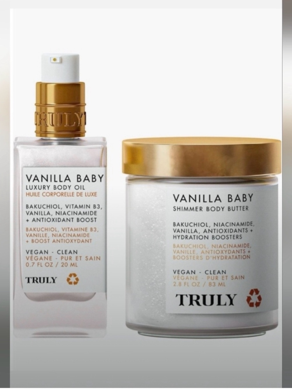 TRULY Vanilla Baby Body Oil & Shimmer Butter — White and Gold